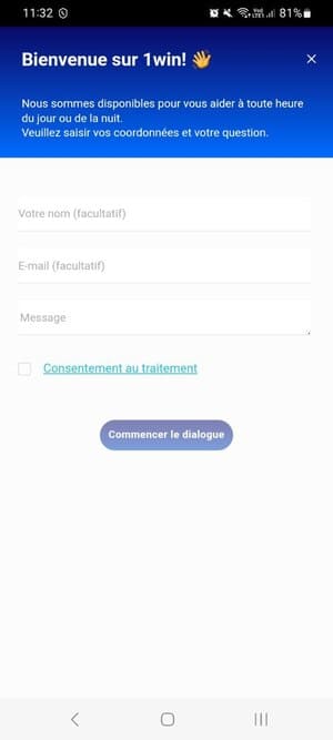 Problèmes d'enregistrement via le support 1win