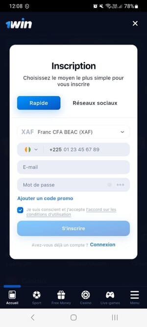 Formulaire d'inscription pour les nouveaux joueurs sur 1win